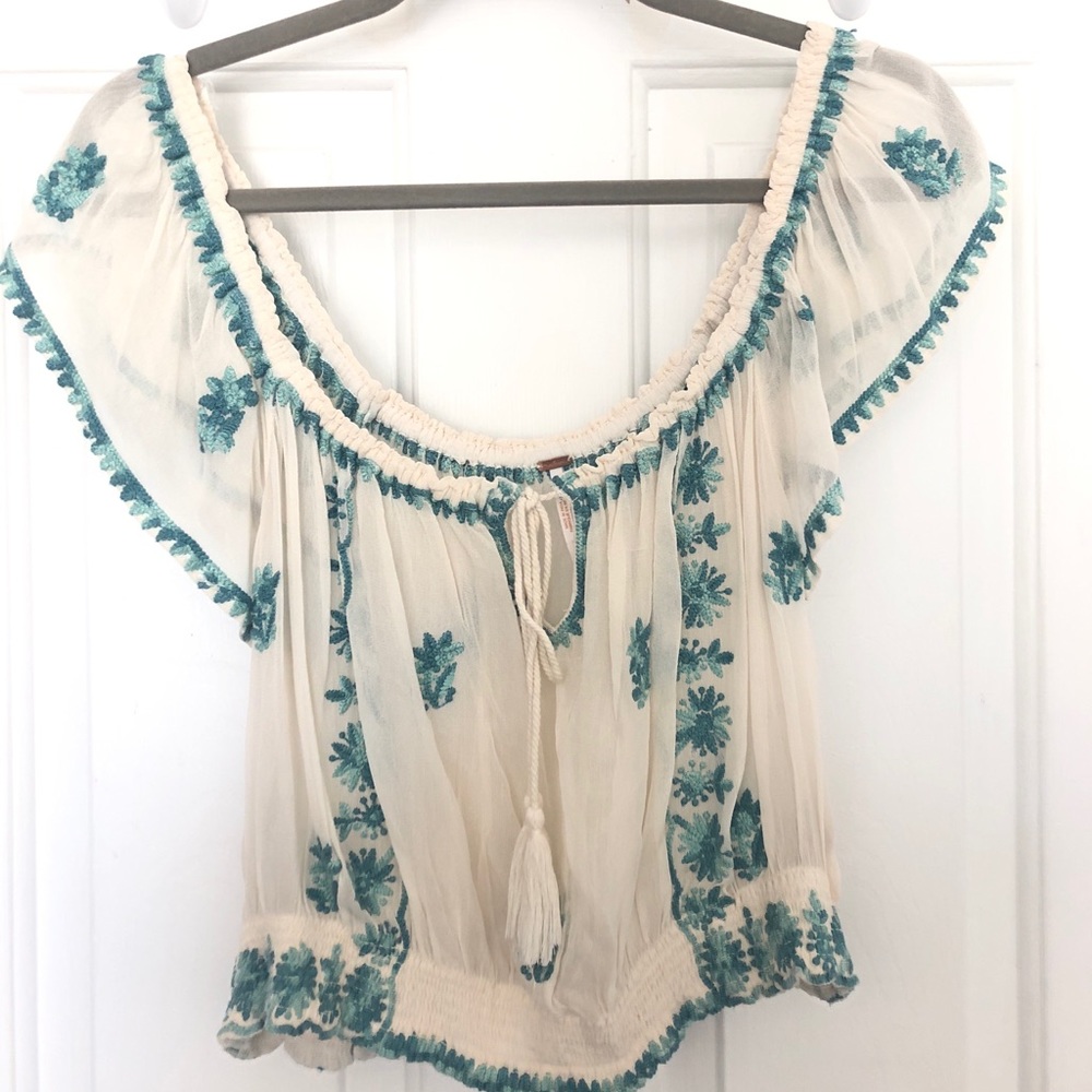 Free People White Embroidered Peasant Top